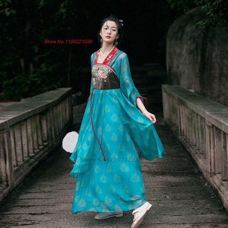 ชุดเต้นรำพื้นบ้าน2024ชุดประจำชาติจีน + ชุดสายเดี่ยวชุดเจ้าหญิงผ้าชีฟองพิมพ์ลายดอกไม้โบราณ