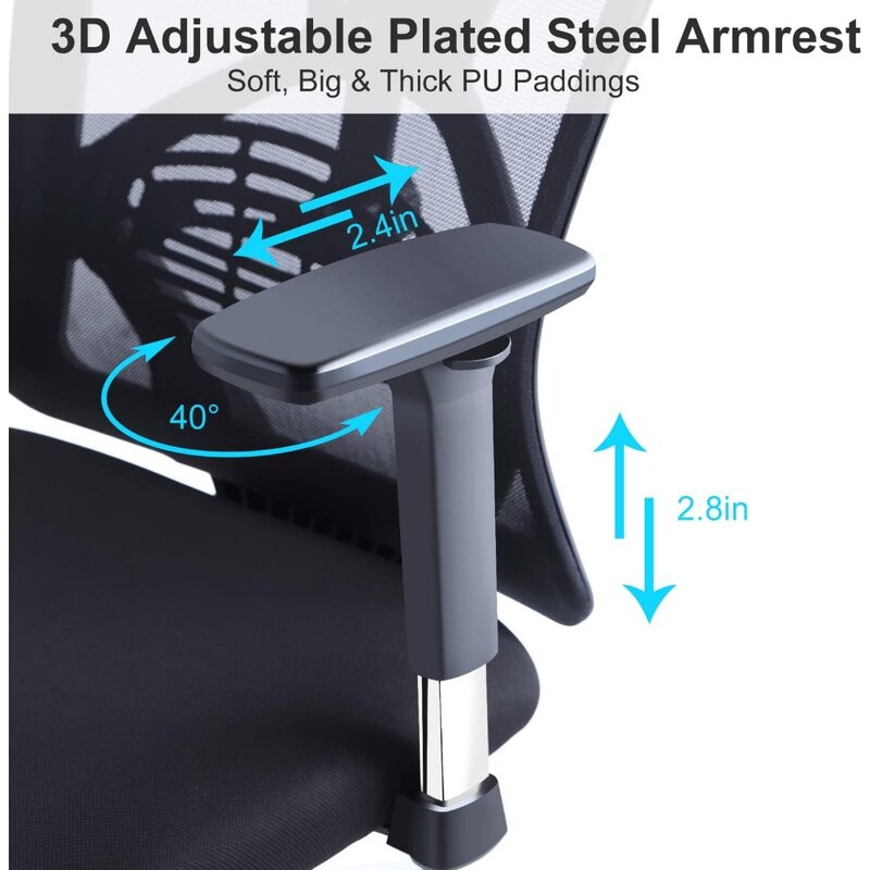 Ticova Ergonomic Office Chair - High Back Desk Chair with Adjustable Lumbar Support, Headrest & 3D Metal Armrest - 130°Rocking