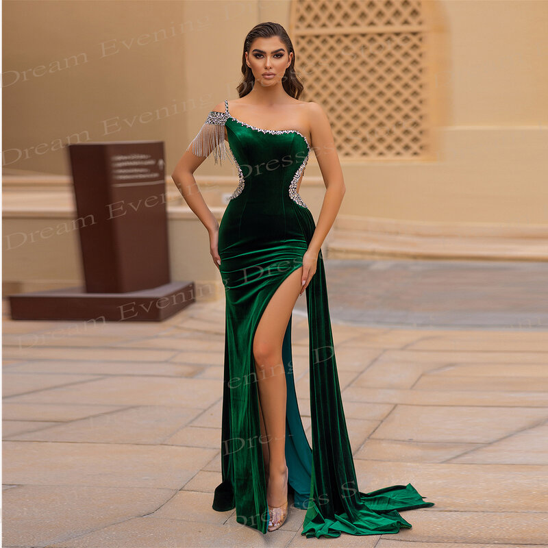 Vestido sereia frisado de um ombro feminino, vestidos de noite, vestidos de formatura, lado dividido, bonito, verde, moderno, sexy, clássico