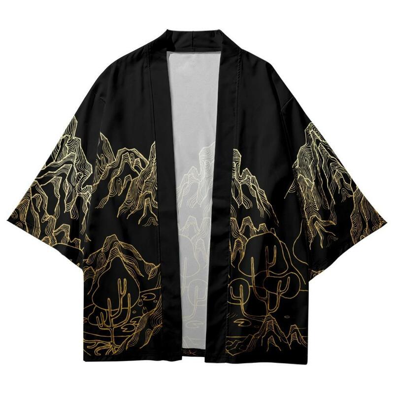 Mode Chinesischen Stil Schwarz Druck Strickjacke Traditionellen Kimono Japanischen Frauen Männer Streetwear Strand Yukata Cosplay Haori Shirts