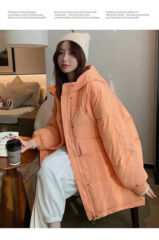 Новинка 2023, молочно-оранжевый пуховик из хлопка, женская зимняя Толстая хлопковая одежда средней длины, свободная куртка