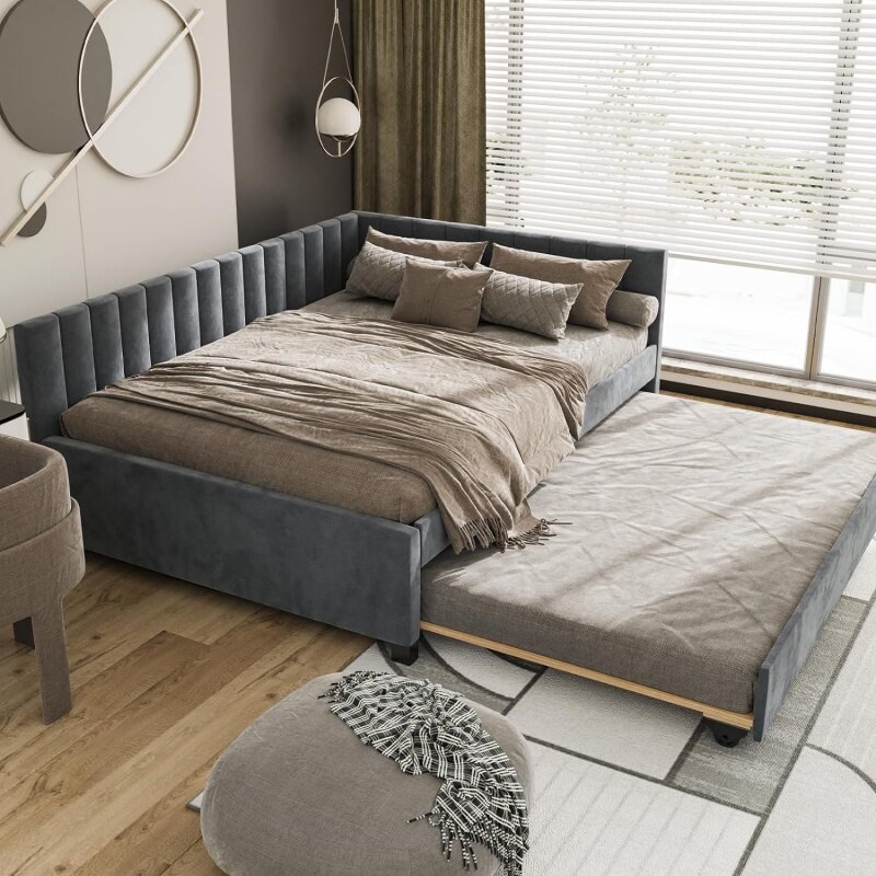 Tempat tidur hari berlapis kain ukuran penuh, dengan bagasi untuk ruang tamu, Kamar tidur, bingkai Sofa tempat tidur kayu Solid dengan desain Sofa tempat tidur, mudah untuk