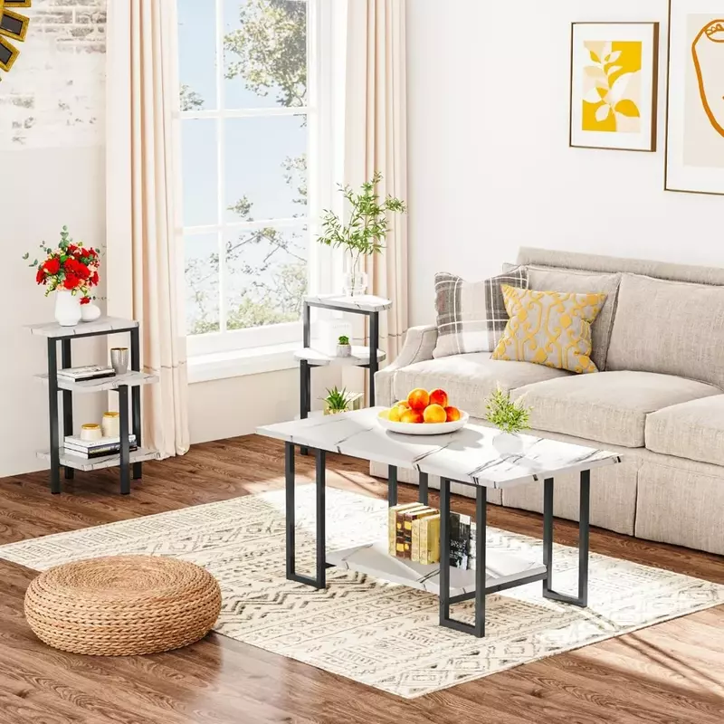 Couch tisch & 2 Beistell tisch, Kunst marmor Tischplatte und Metallrahmen, 3 Stück Tischs ets, für Wohnzimmer Wohnung
