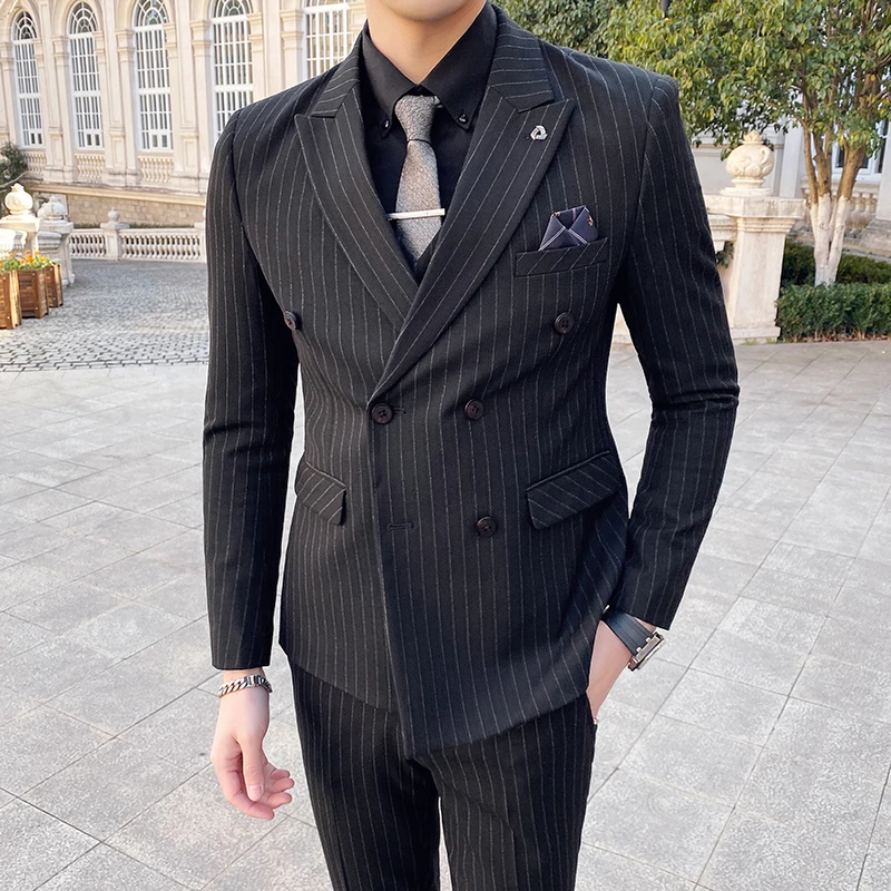 Fashion Striped Suits for Men Slim Fit Chic Peak Lapel Double Breasted Pinstripe Male Suit Casual Graduation Wedding Tuxedo