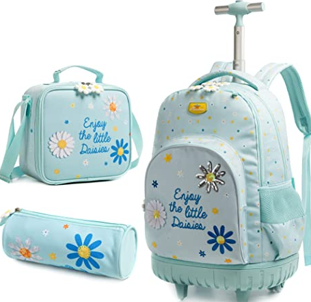 Rolling Backpack for Girls 18 inch School Trolley Bag Set Kids Suitcase School Wheeled Backpack set with Lunch Bag Pencil Case