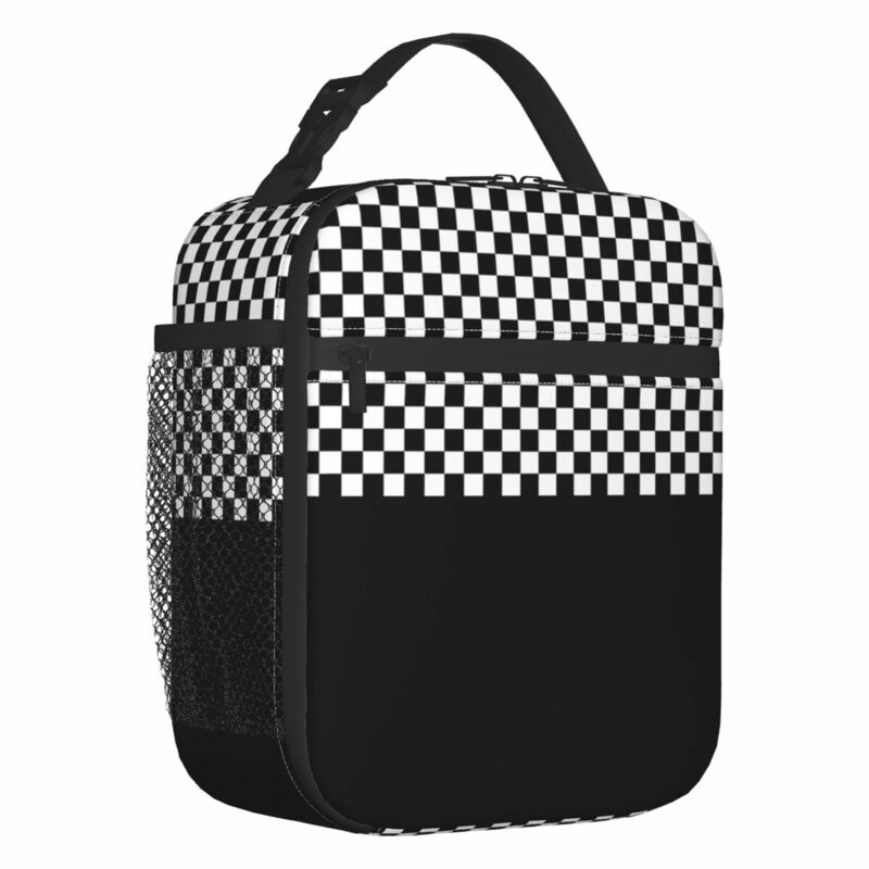 Custom Black And White Checkered Lunch Bag Women Cooler Warm Insulated Lunch Box for Adult Office
