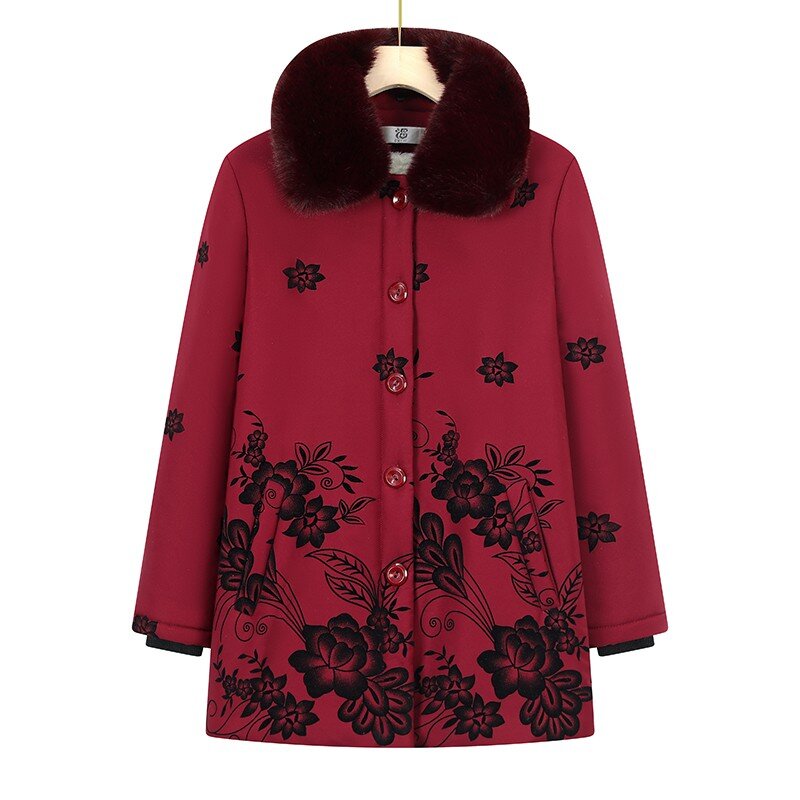 어머니 면 재킷, 겨울 중년 노인 여성, 플로킹 꽃 벨벳 코트, 두꺼운 파카