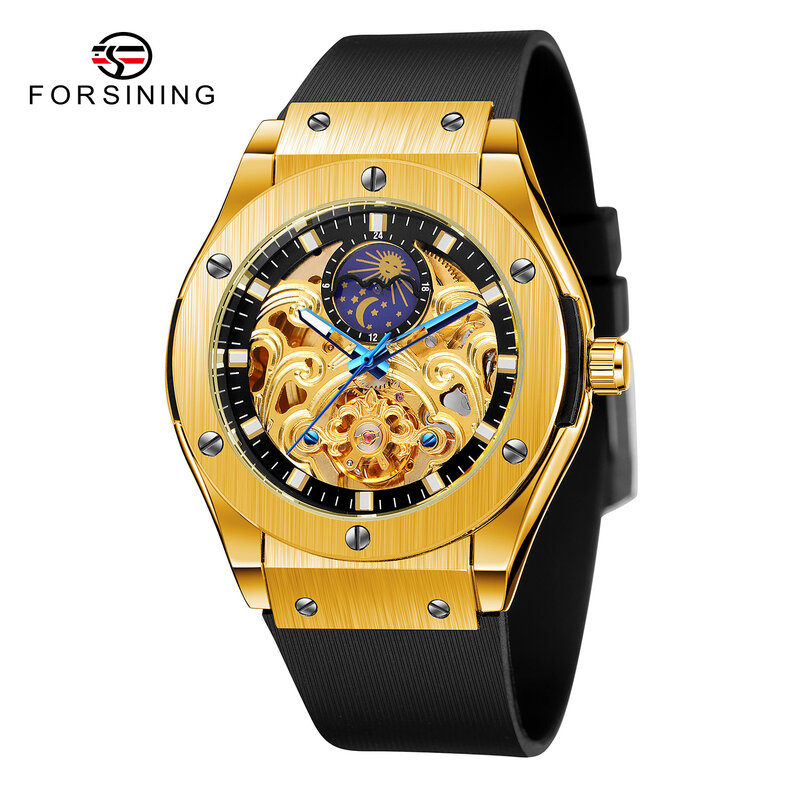 Forsining-Relógio de pulso masculino Hollow Out Silicone, totalmente fase da lua, mecânico automático, marca de topo, moda