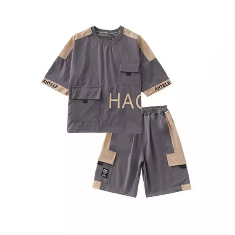Conjunto de ropa de manga corta para niños adolescentes, traje de 2 piezas con estampado de letras, camiseta, pantalones Cargo, chándal