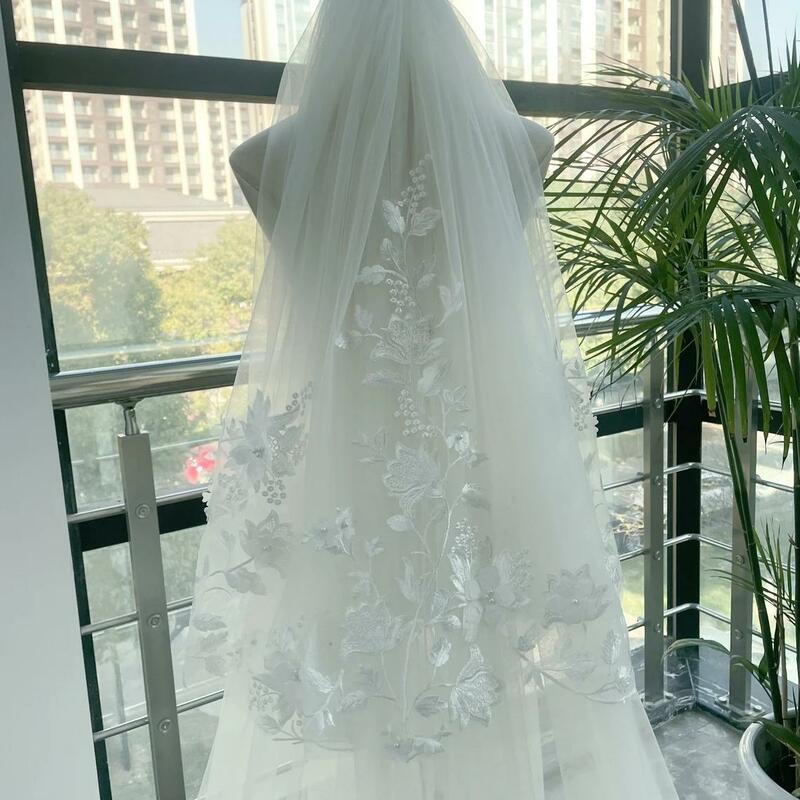 Фата свадебная длиной 3 м, винтажная с белой кружевной аппликацией, особый вырез, королевская Свадебная, аксессуары на заказ