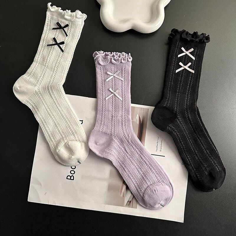 Новые женские тонкие однотонные хлопковые носки Q Xiaoxian в Корейском стиле INS с деревянными ушками и двойным бантом