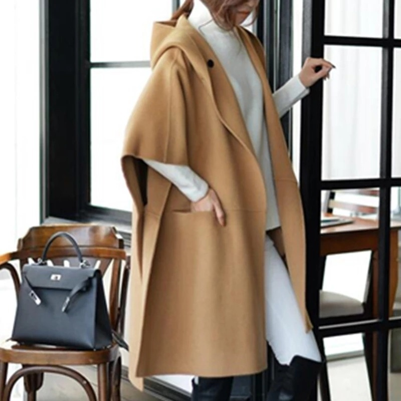 Jaqueta de lã com capuz monocromático para mulheres, casacos casuais, capa coreana feminina, cardigã solto, outwear poncho, casaco, primavera, 2023