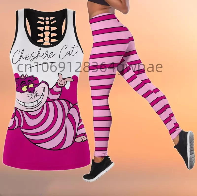 Feminino Cheshire Cat recorte regata e conjunto de perneiras, traje de treino Disney, oco, ioga Fitness, verão