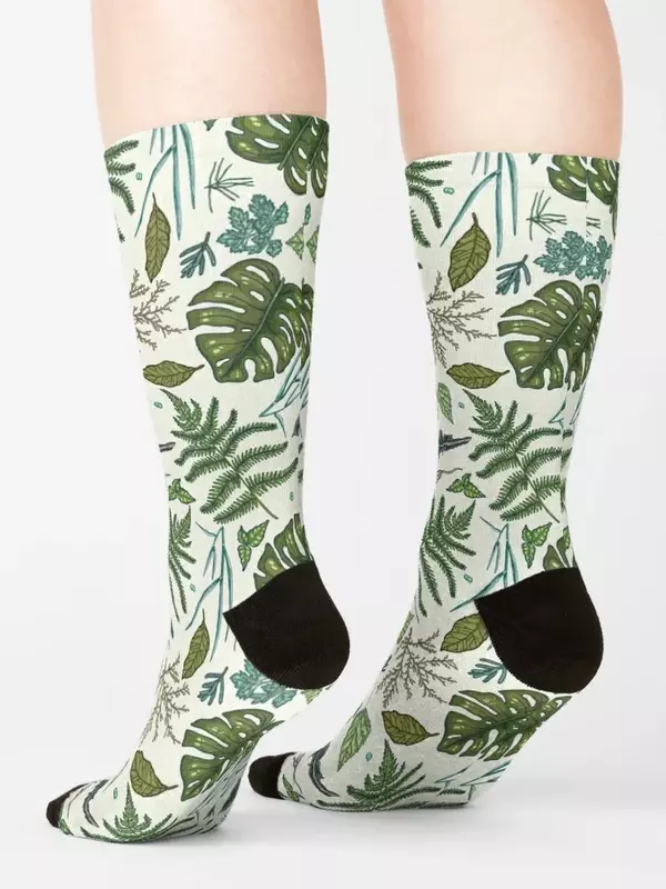 Meias antiderrapantes com padrão de folhas verdes para homens e mulheres, meias de futebol com impressão