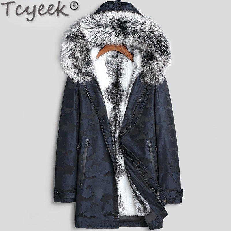 Tcyeek-Parka com capuz masculino de comprimento médio, colarinho de pele de raposa quente, jaqueta fashion masculina, forro de coelho Rex, jaqueta fina inverno