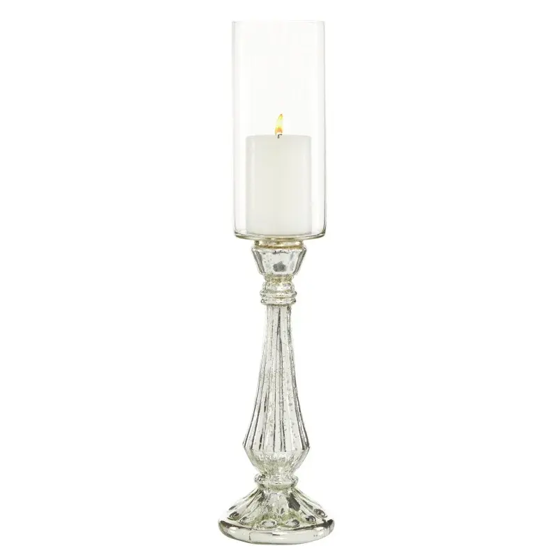DecMode Silver Glass Handmade Turned Style Pillar Hurricane Lamp with Faux Mercury Glass Finish
