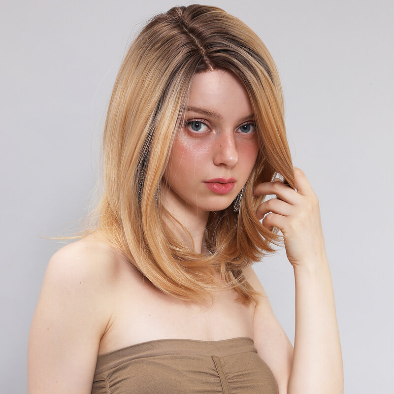 Smilco-Peluca de cabello sintético para mujer, pelo corto y liso con encaje frontal, predespuntado, color dorado, resistente al calor