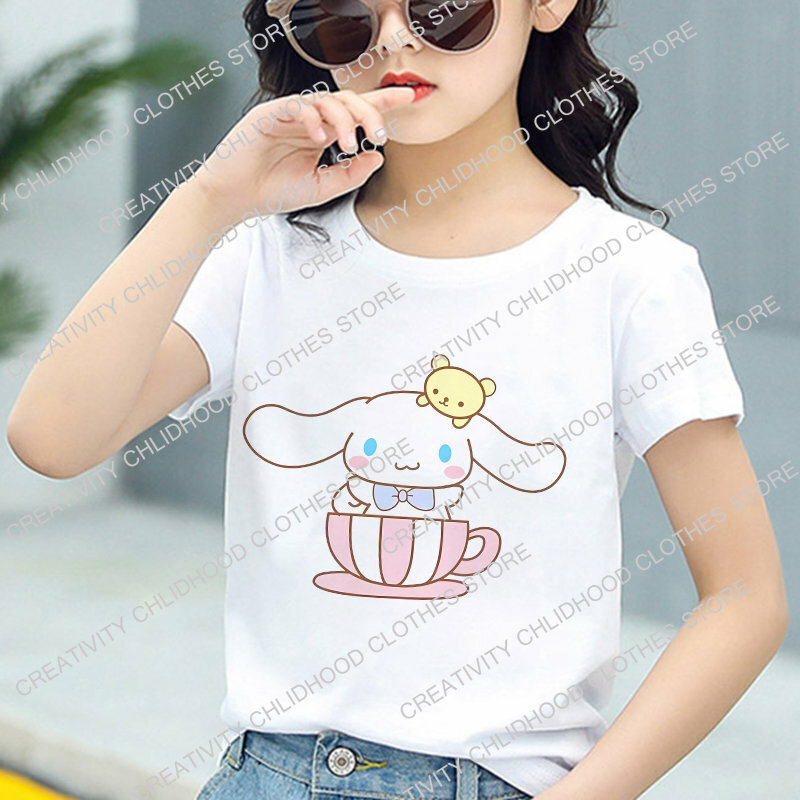 산리오 어린이 티셔츠, 카와이 헬로 키티 시나모롤 만화 캐주얼 의류, 애니메이션 티 셔츠, 여아용 어린이 의류