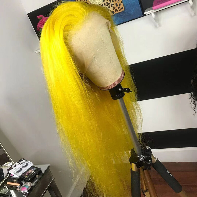 Wig wisf kuning cantik panjang lurus renda depan Wig sutra lurus terang kuning tanpa lem Wig renda sintetis penggunaan Cosplay pesta wanita