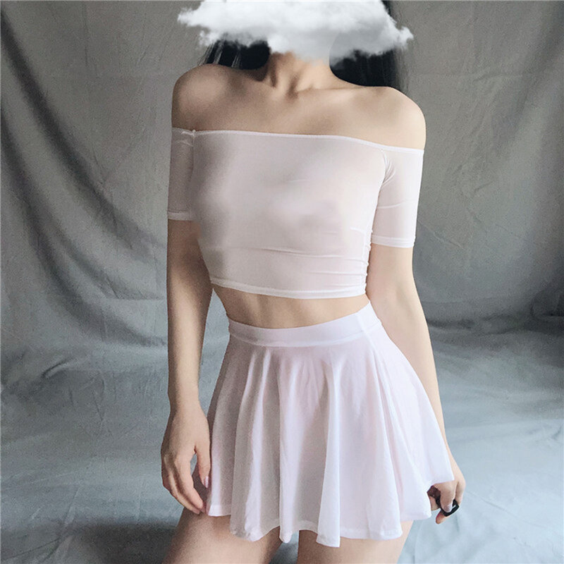 Micro Mini falda de seda de hielo para mujer, ropa de discoteca Sexy transparente, de línea a Falda plisada, cintura baja, falda con volantes, Top