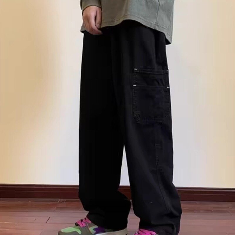 Pantalones informales lisos para hombre, ropa con bolsillos, rectos, Chic, a la moda, combina con todo, estilo japonés, Simple, de longitud completa, de calle, diario