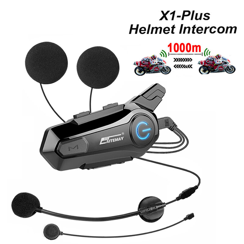 X1 Plus helm motor Headset interkom Bluetooth, helm interkom sepeda motor tahan air dengan Interphone untuk 2 pengendara 1000M, komunikator Interphone
