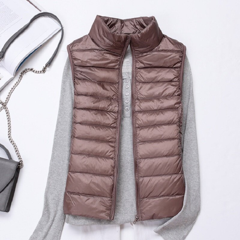 Chaleco de plumón ultraligero para mujer, chaqueta sin mangas delgada, portátil, a prueba de viento, moda Harajuku, novedad de 2023
