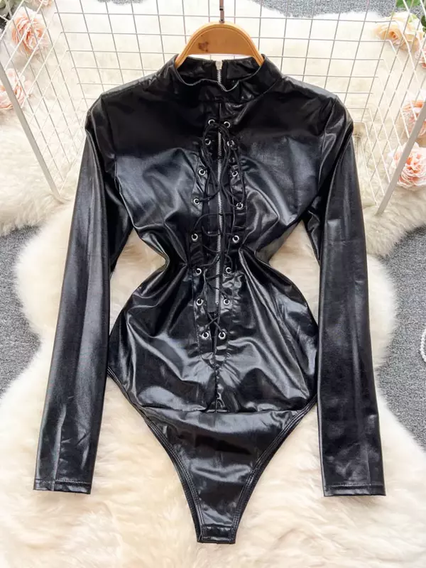 ssTss Sexy Women Bodysuits Elegant Black PU Leather Stand Collar Long Sleeve Lace-Up Hollow Out Skinny Club Party Body Tops