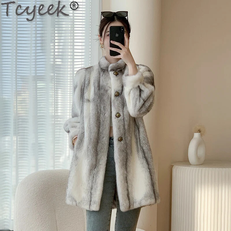 Tcyeek-casaco de pele de vison cruzado para mulheres, jaqueta real de comprimento médio, moda inverno quente, 2024