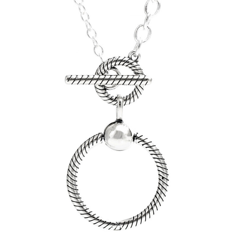 Two Circles O Pendant T-bar Signature Pave & Bead Statement Halo 925 Sterling Silver Necklace For Fashion Bead Charm DIY Jewelry