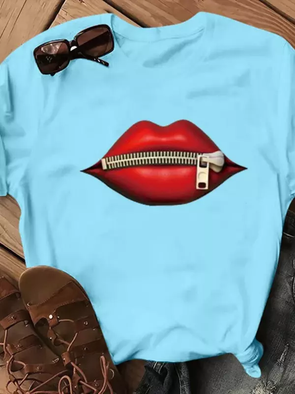 Camiseta feminina de manga curta com estampa labial, Tops soltos com gola O, roupas com zíper