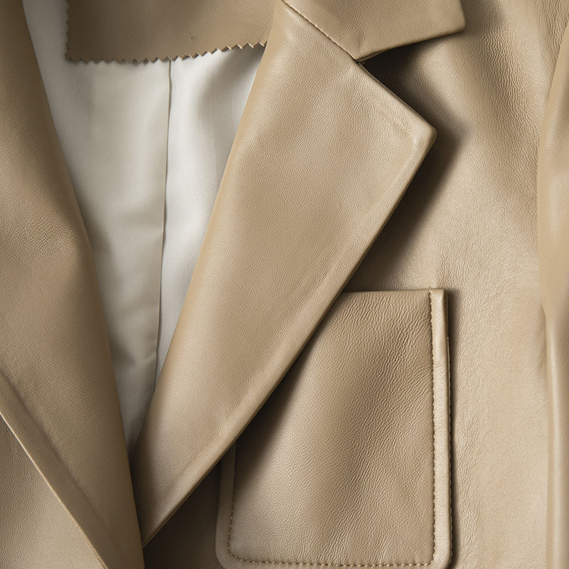 Blazer de piel de oveja para mujer, chaqueta con bolsillos, botones individuales, Elegante, cuello de solapa, manga larga, de cuero Real, 100%
