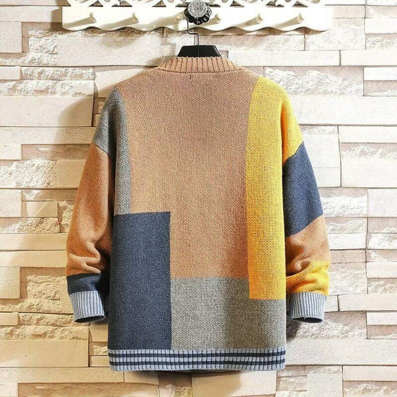 Sweater rajut pria, Sweater rajutan blok warna, mantel hangat panjang sedang