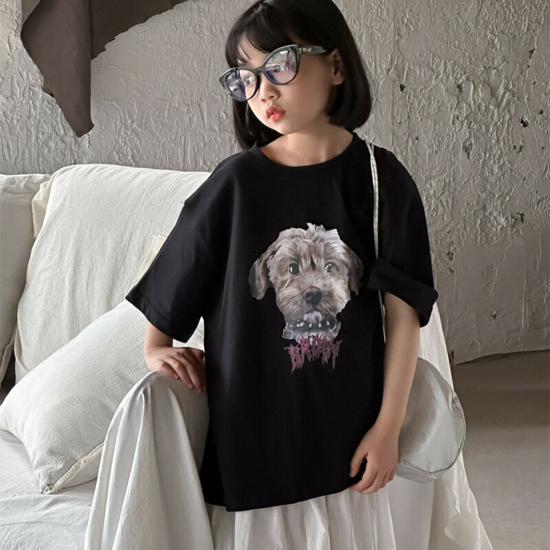 T-shirt ample en coton imprimé chien de dessin animé pour garçons et filles, t-shirt à demi-manches, t-shirt frère, style coréen