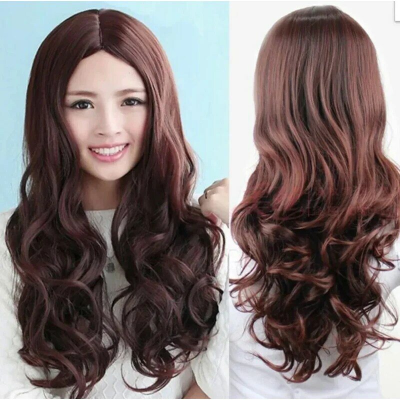 WIG LL Lady girl new brown weave wig long curly hair cosplay party costume no bang