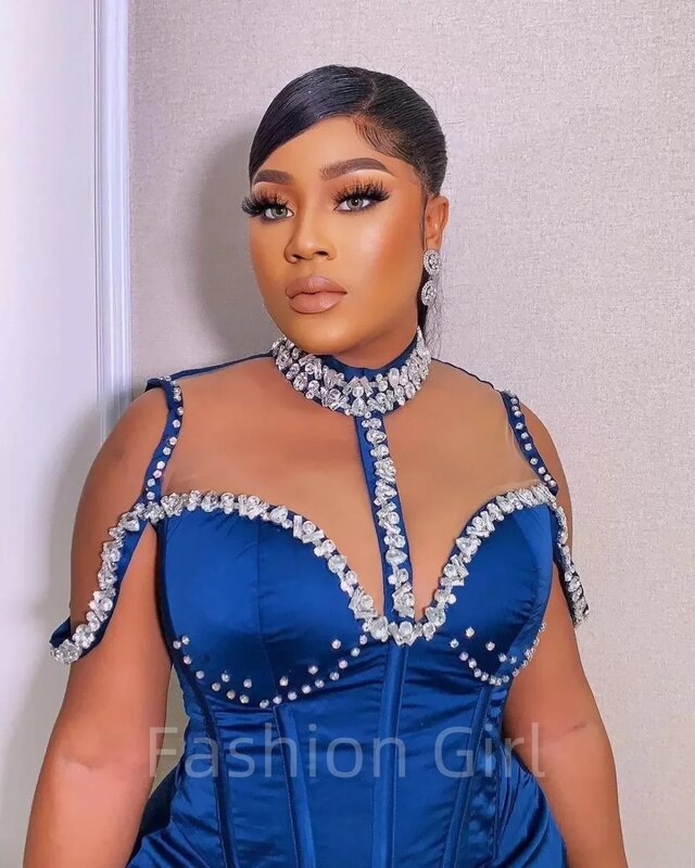 Sexy Blue Satin Mermaid High Neck Crystal Beaded Off The Shoulder Plus Size Women's Formal Occasion Party Evening Gown Custom