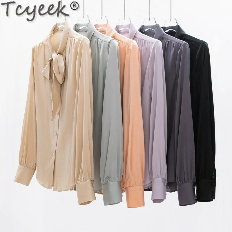 Tcyeek High-quality 93% Mulberry Silk Shirt 2024 Spring Summer Long Sleeve Top Female OL Style Fashion Shirts for Women Bow