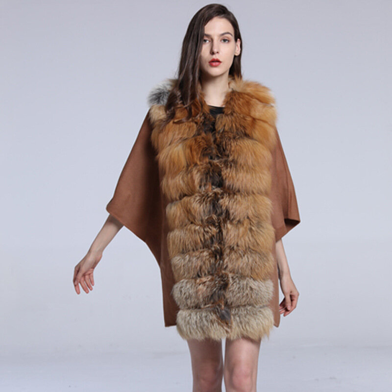Cappotto con mantello in pelliccia di volpe cappotto lungo con scialle da donna autunno e inverno caldo cappotto di tela da donna marea