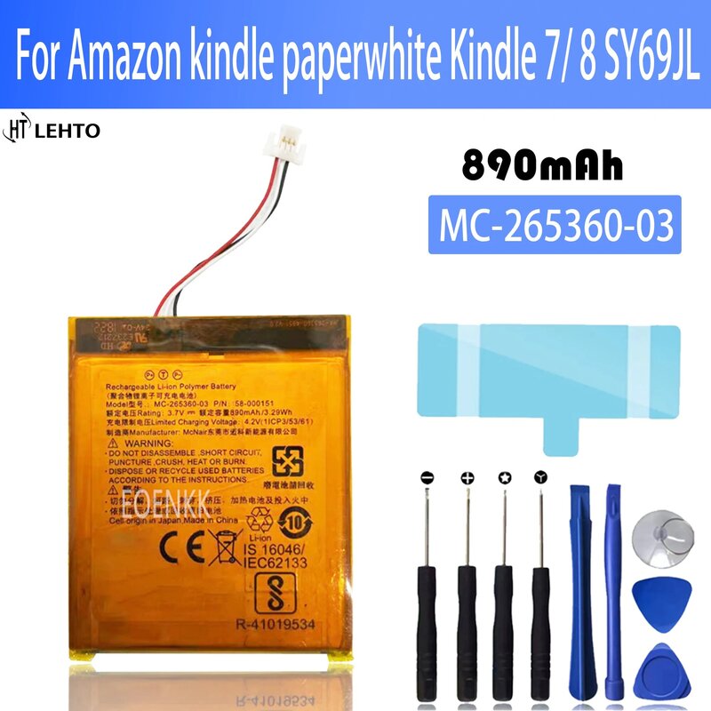Batteria di ricambio 265360 per Amazon paperwhite Kindle 7 8 265360-03 58-000083 58-000151 890mAh + tools
