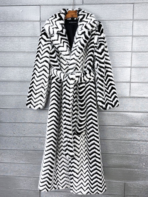 Zadorin-女性用ベルト付きの超ロングフェイクファーコート,豪華な衣服,ラペル,黒と白のストライプの毛皮のような質感のジャケット,冬服,2024
