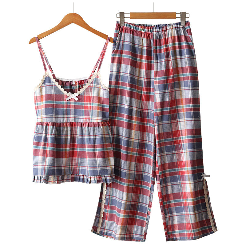 Conjunto de 2 piezas de pijama a cuadros para mujer, ropa de estar por casa con tirantes finos, sin mangas, dulce y fresco, Verano