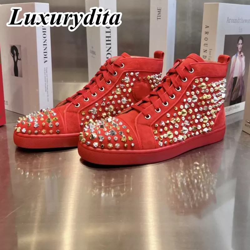 LUXURYDITA designerska męska trampki prawdziwa skóra czerwona podeszwa luksusowa damska buty do tenisa 35-47 modne mokasyny Unisex HJ404