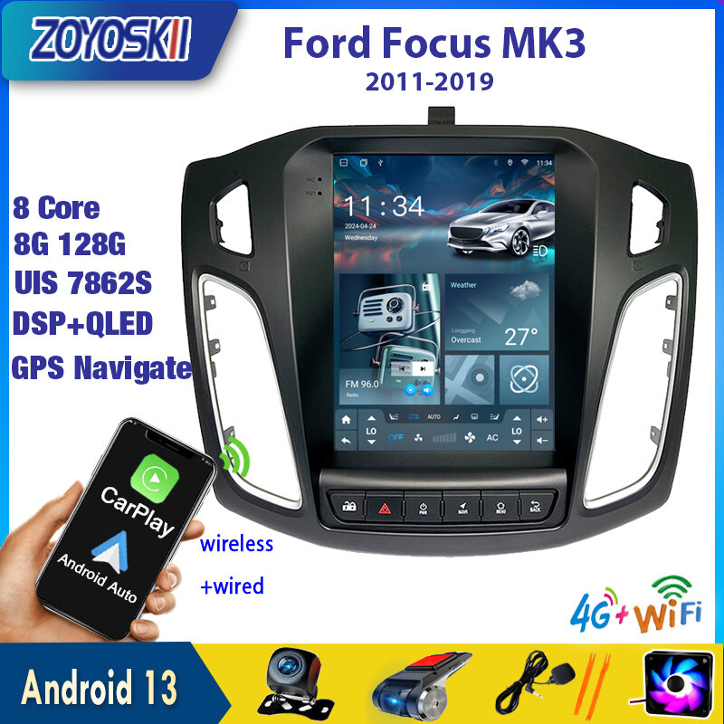 Radio Multimedia con GPS para coche, reproductor de vídeo con Android, Carplay, pantalla Tesla, 4G, WIFI, Mk 3 Salon 2012-2018, para Ford Focus MK3