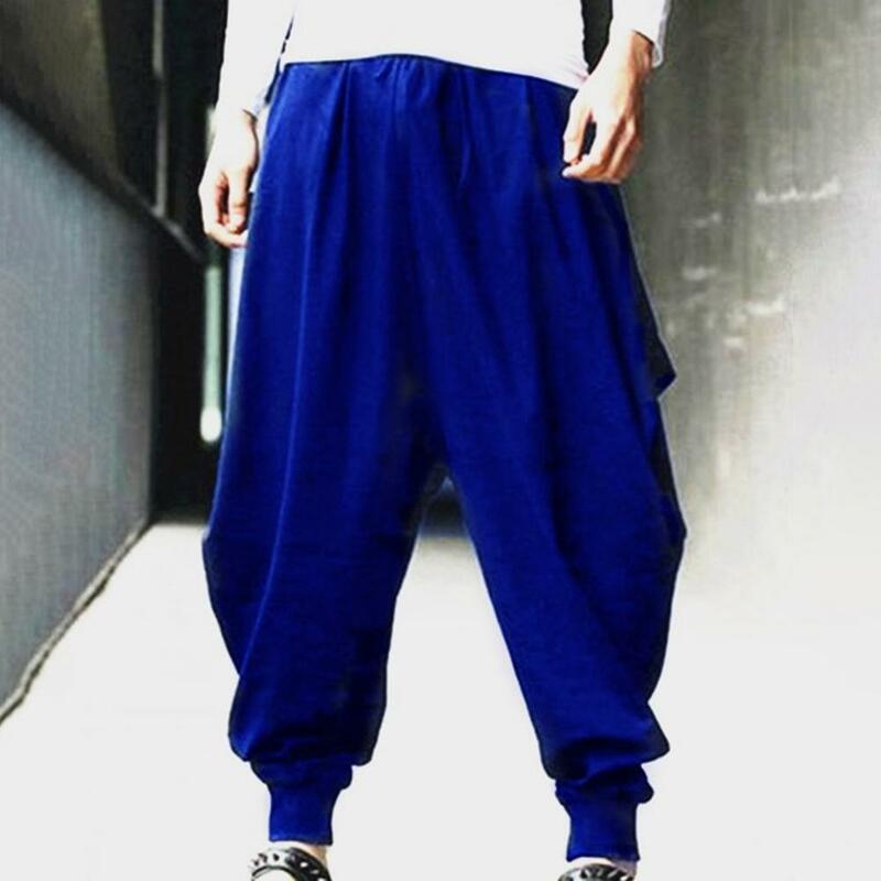 Celana Harem pria, celana panjang serut gaya Retro kasual longgar warna Solid pinggang elastis Streetwear Linen Cina
