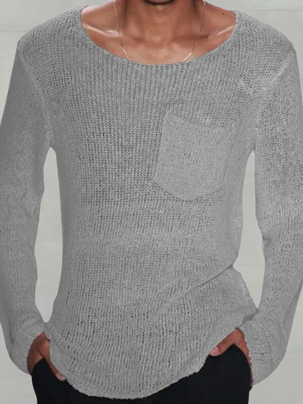Patchworkowe kieszenie z okrągłym dekoltem męska bluzka letnie dzianinowe swetry z długim rękawem cienki strój uliczny swobodny luźny, w stylu Basic sweter