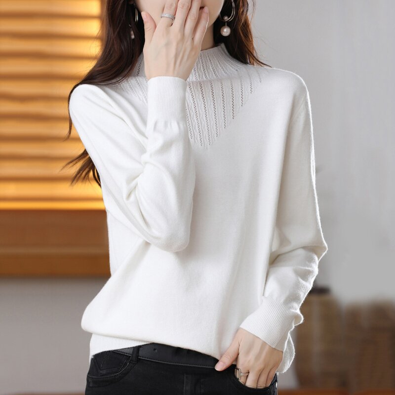 Suéter de caxemira de gola meia alta feminino, pulôver base solta, pulôver de malha velo, versátil, plus size, novo, outono e inverno