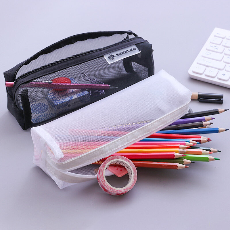 Estojo de lápis de malha de nylon para meninos e meninas, malha transparente simples, saco de documentos, material escolar e de escritório