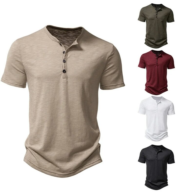 Henley kaus Polo lengan pendek pria, t-shirt warna polos kasual musim panas untuk pria