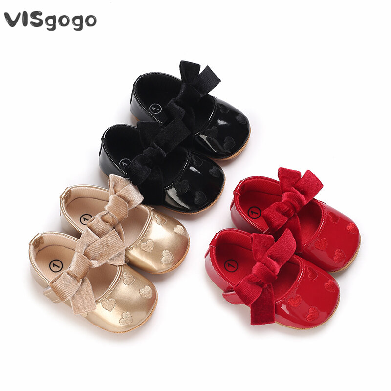 VISgogo 여아용 귀여운 신발, 하트 패턴, 나비 매듭, 부드러운 밑창, PU 가죽 플랫 슈즈, 미끄럼 방지 공주 신발, 퍼스트 워커