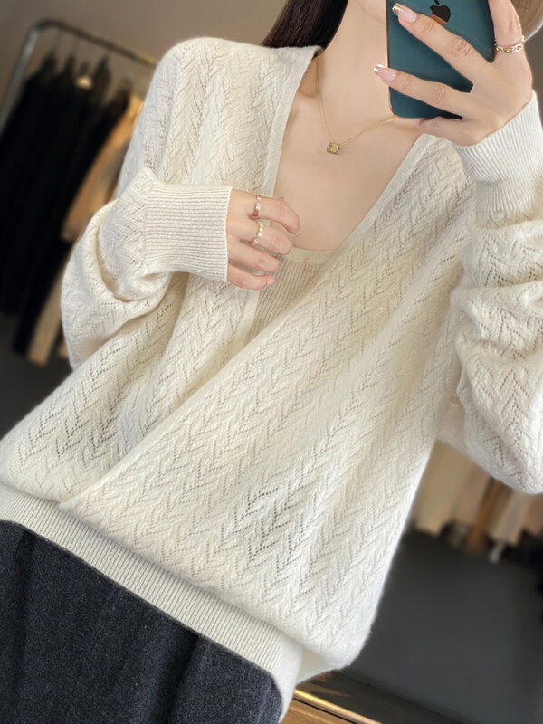 2024 Fashion Sweater wanita 100% Merino wol lengan panjang leher V, Pullover musim semi musim gugur lembut longgar pakaian rajut kasual